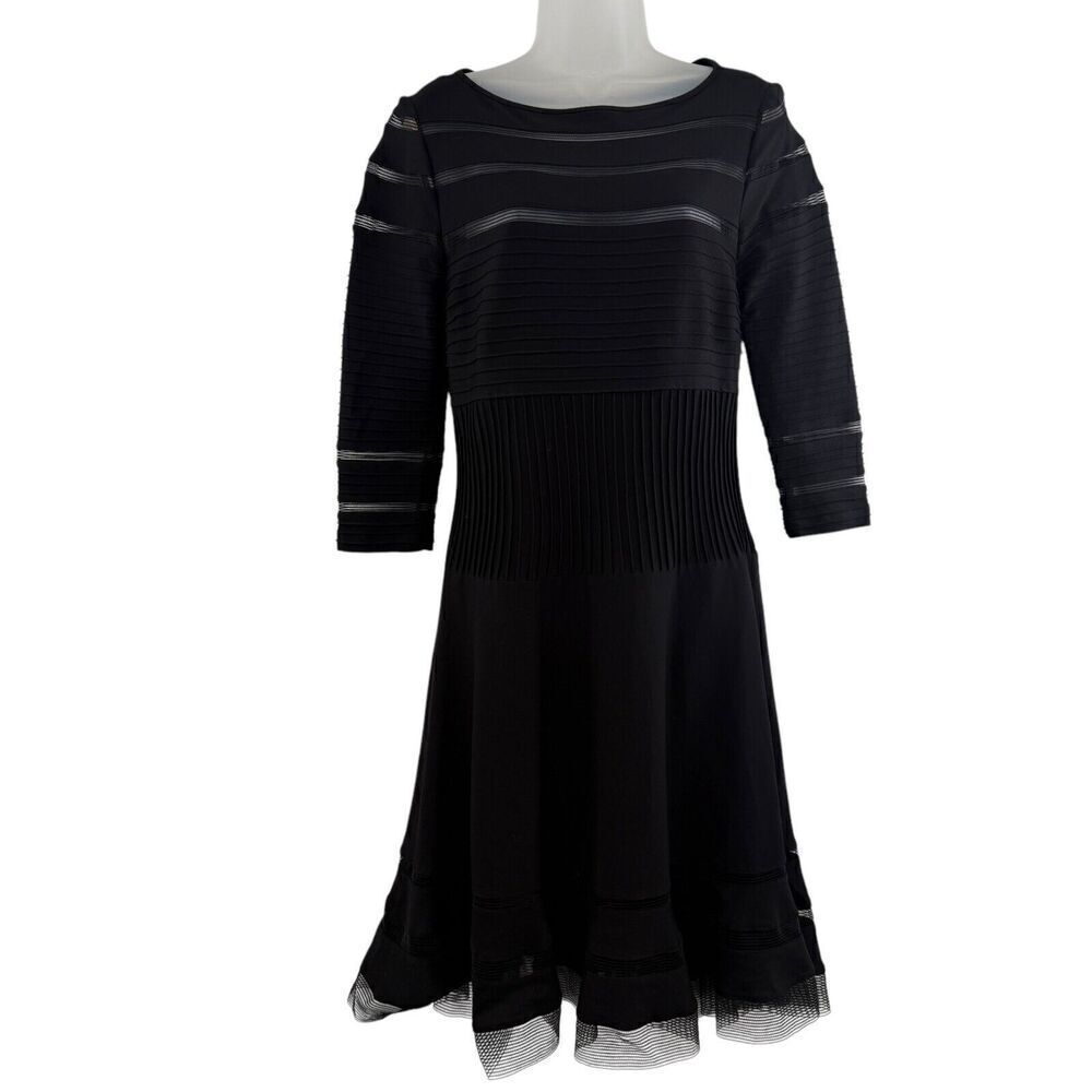 Tadashi Shoji Mesh Illusion Stripe Fit &Flare Dress Medium Black 3/4 Sleeves